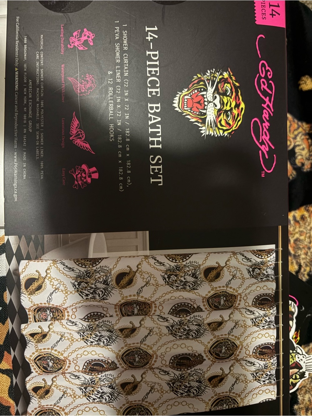 Ed Hardy White & Gold Tiger Chain Print shower curtain WITH matching bath towel